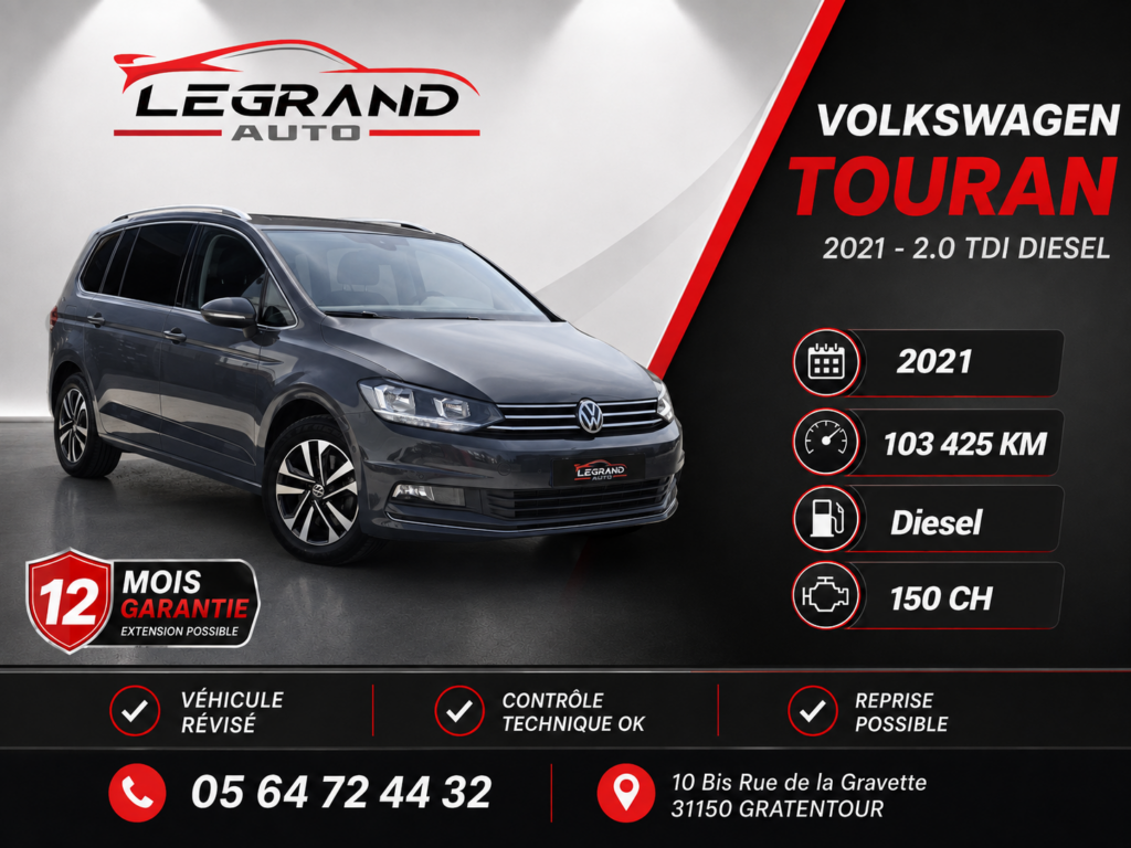 TOIT OUVRANT – VOLKSWAGEN TOURAN 2.0 TDI 150 DSG7 LOUNGE – TRES BIEN EQUIPE